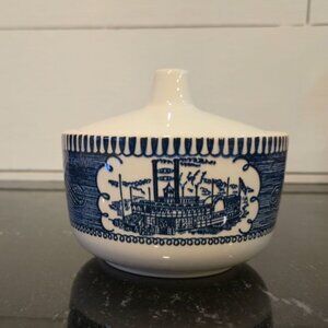 Currier & Ives Sugar dish with lid 1950s Vintage Blue White China steamboat